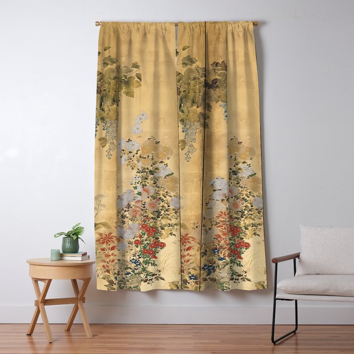 Japanese Edo Period Six-Panel Gold Leaf Screen - Spring and Autumn Flowers Window Curtain Gallery Image 5
