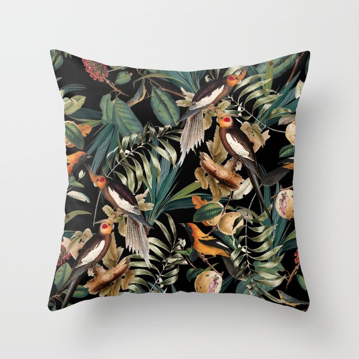 Floral and Birds Vintage Garden Night Throw Pillow Gallery Image 1