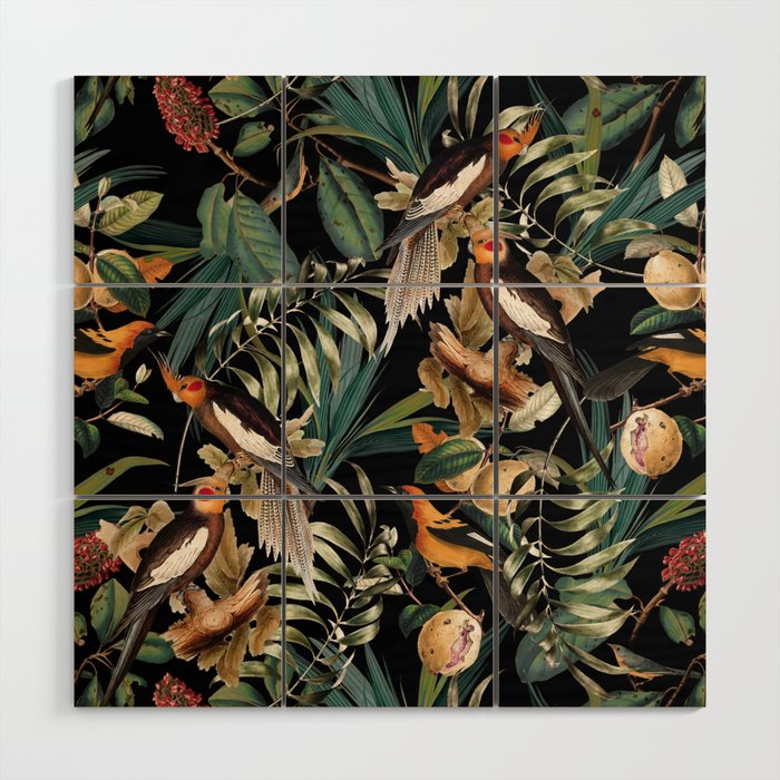 Floral and Birds Vintage Garden Night Wood Wall Art Gallery Image 1