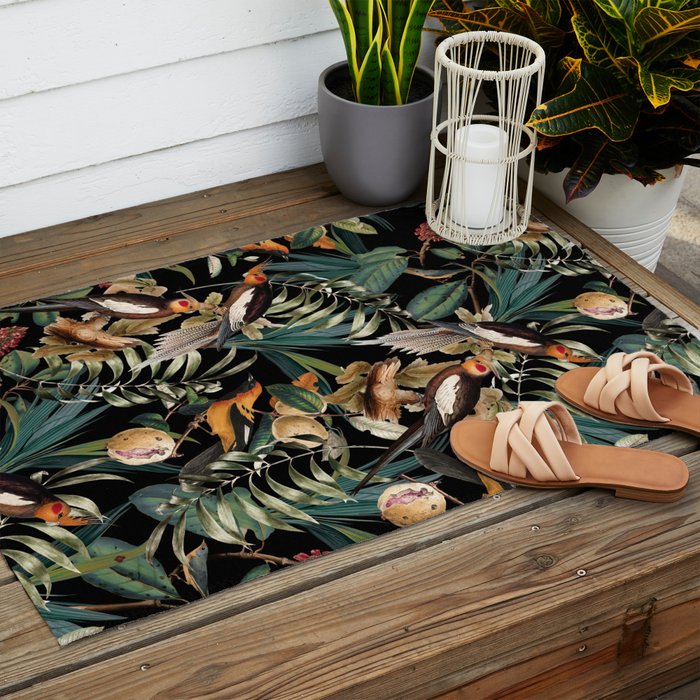 Floral and Birds Vintage Garden Night Outdoor Rug Gallery Image 2