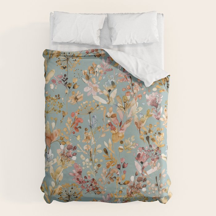 Wild Grasses Botanical Gold Teal Duvet Cover Gallery Image 6