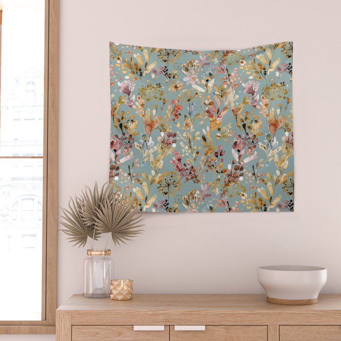 Wild Grasses Botanical Gold Teal Wall Tapestry Gallery Image 2