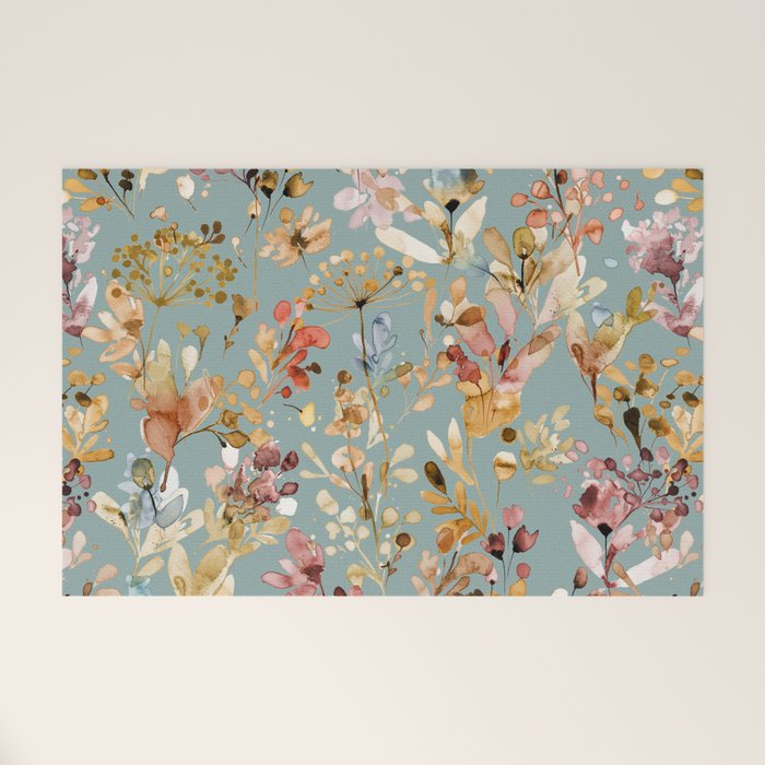 Wild Grasses Botanical Gold Teal Welcome Mat Gallery Image 1