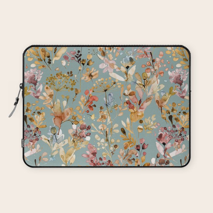 Wild Grasses Botanical Gold Teal Laptop Sleeve Gallery Image 1