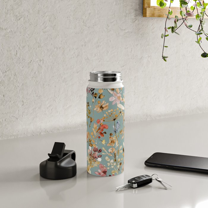 Wild Grasses Botanical Gold Teal Water Bottle Gallery Image 4