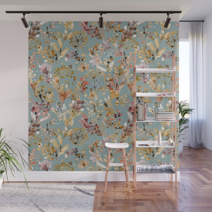 Wild Grasses Botanical Gold Teal Wall Mural Gallery Image 1