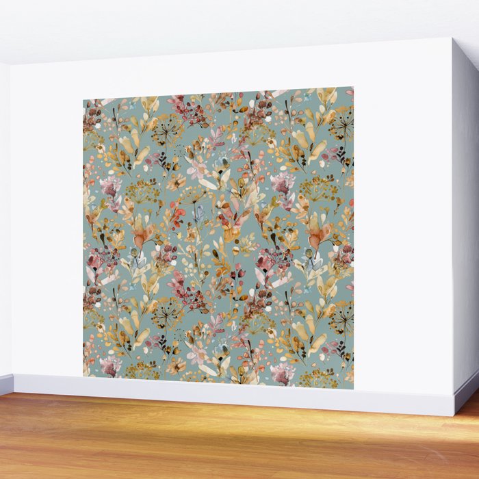 Wild Grasses Botanical Gold Teal Wall Mural Gallery Image 2