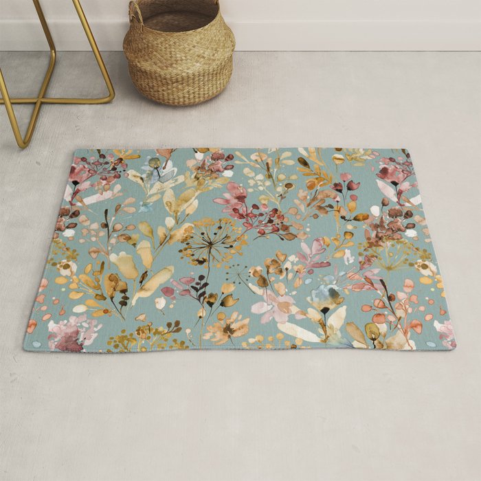 Wild Grasses Botanical Gold Teal Rug Gallery Image 1