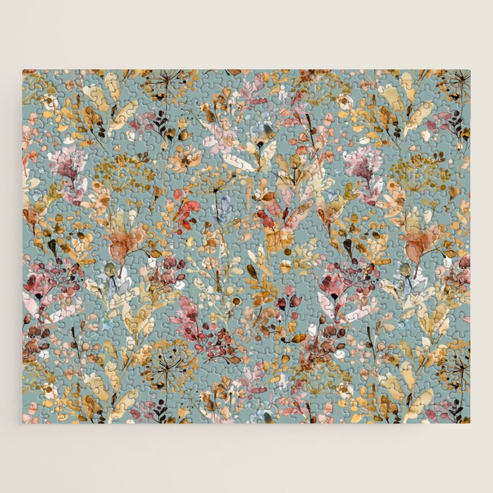 Wild Grasses Botanical Gold Teal Jigsaw Puzzle Gallery Image 1