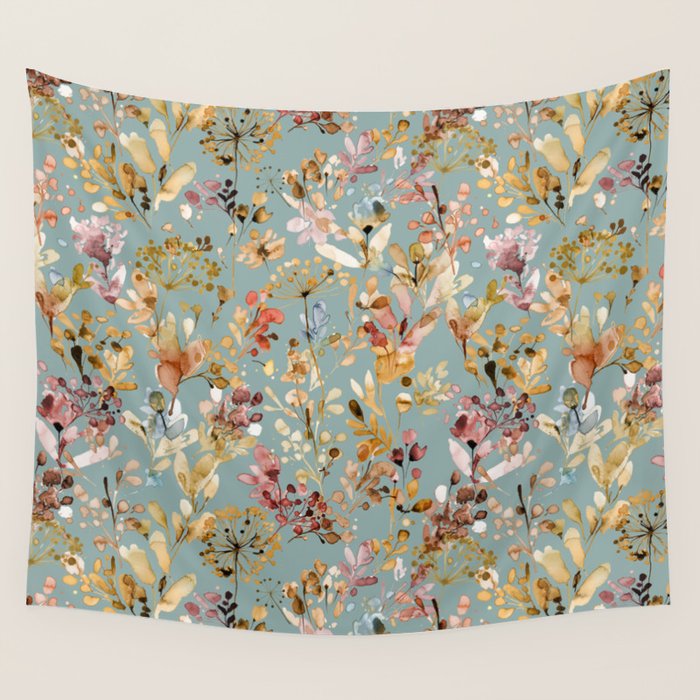Wild Grasses Botanical Gold Teal Wall Tapestry Gallery Image 4