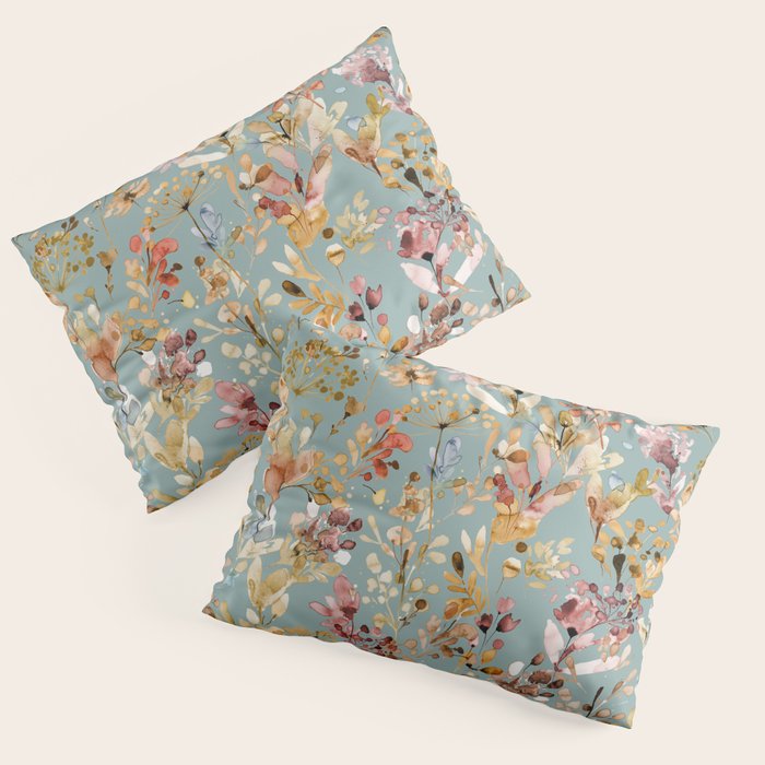 Wild Grasses Botanical Gold Teal Pillow Sham Gallery Image 3