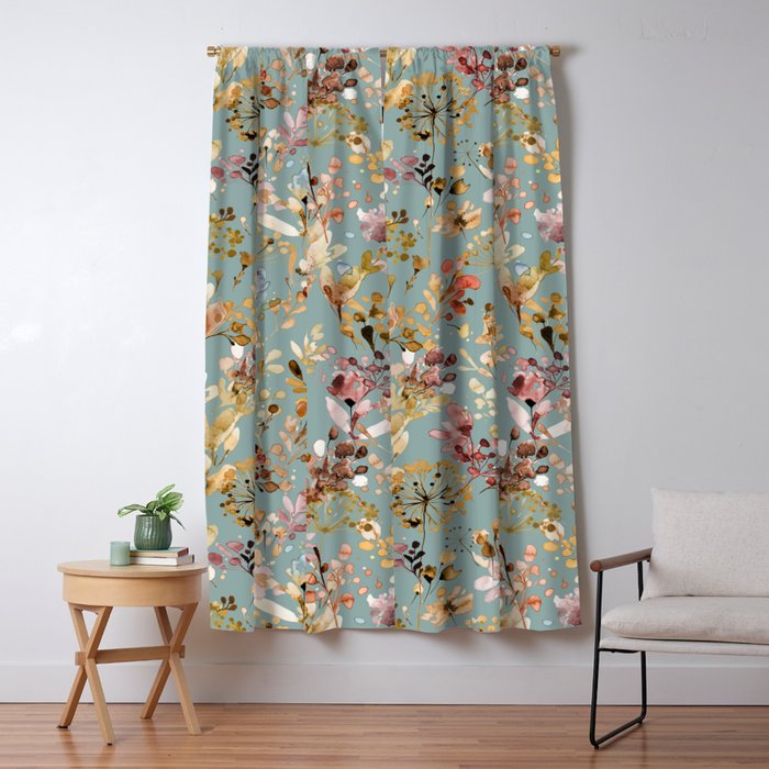 Wild Grasses Botanical Gold Teal Window Curtain Gallery Image 1