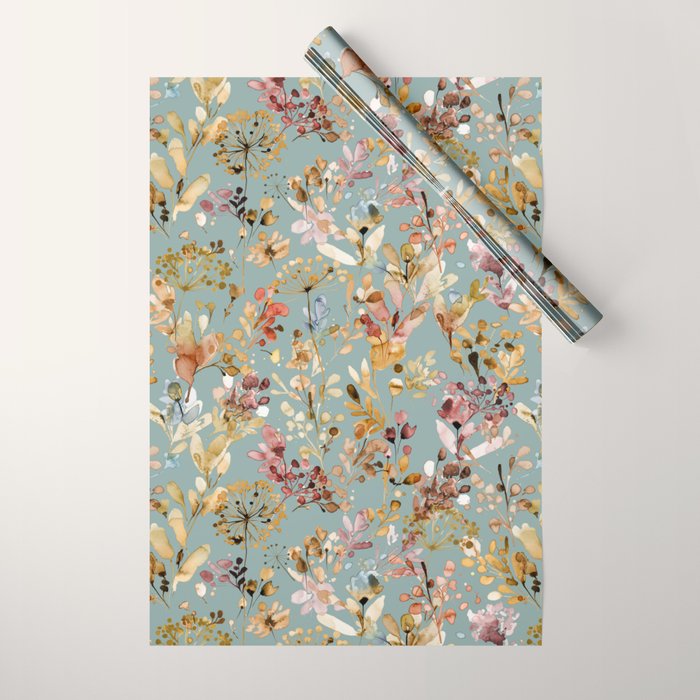 Wild Grasses Botanical Gold Teal Wrapping Paper Gallery Image 1