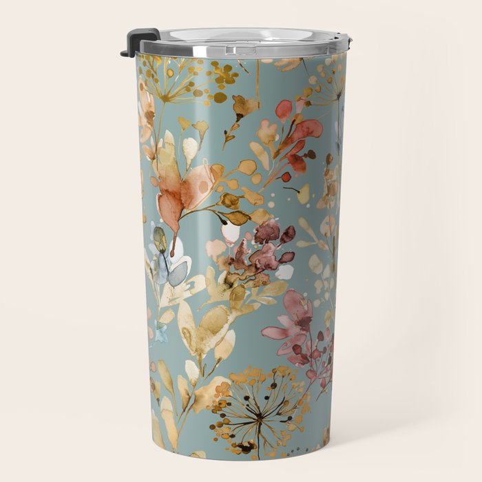 Wild Grasses Botanical Gold Teal Travel Mug Gallery Image 3