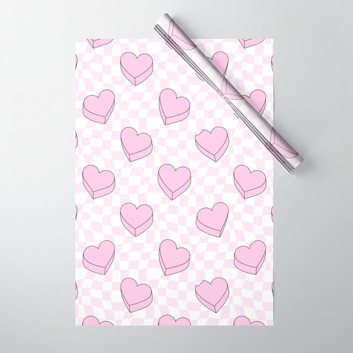 Pink love heart candy checkered pattern Wrapping Paper Gallery Image 1
