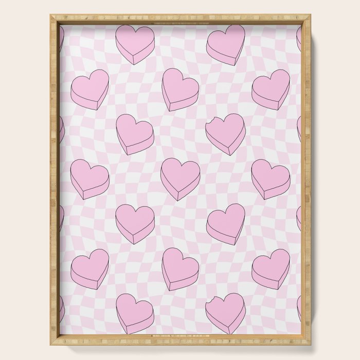 Pink love heart candy checkered pattern Serving Tray Gallery Image 1