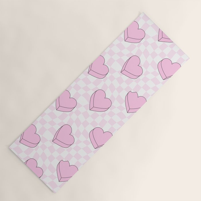 Pink love heart candy checkered pattern Yoga Mat Gallery Image 1