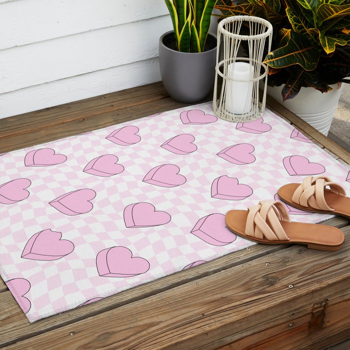 Pink love heart candy checkered pattern Outdoor Rug Gallery Image 2