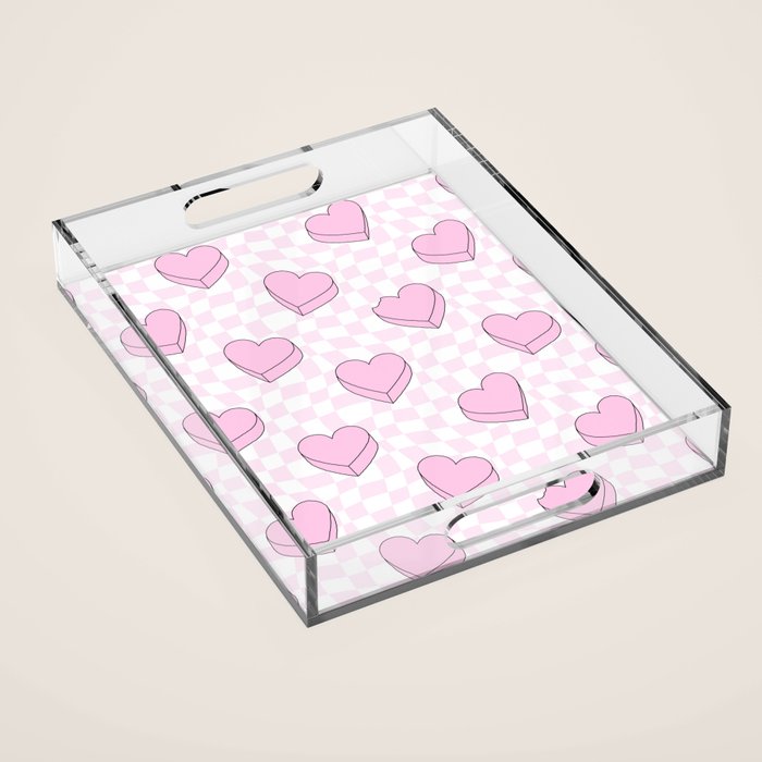 Pink love heart candy checkered pattern Acrylic Tray Gallery Image 1