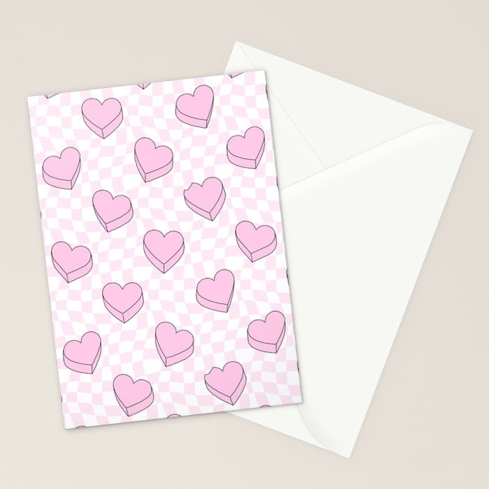 Pink love heart candy checkered pattern Stationery Card Gallery Image 2