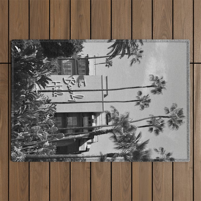 Beverly Hills Hotel, California black and white photograph / black and white photography Outdoor Rug Gallery Image 1