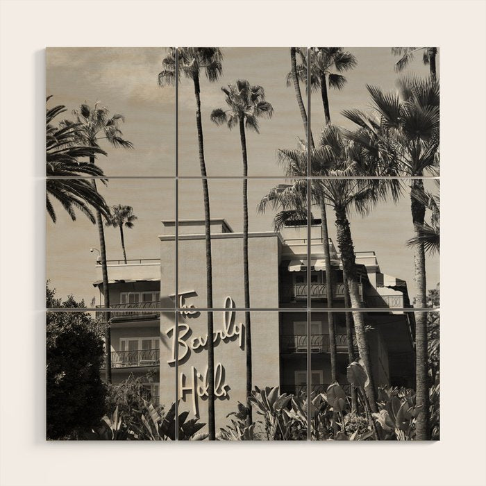 Beverly Hills Hotel, California black and white photograph / black and white photography Wood Wall Art Gallery Image 1