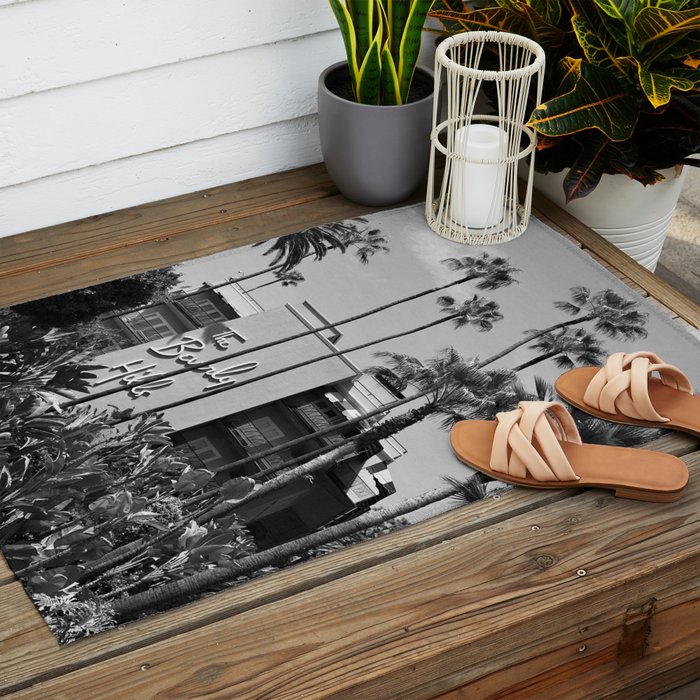 Beverly Hills Hotel, California black and white photograph / black and white photography Outdoor Rug Gallery Image 2