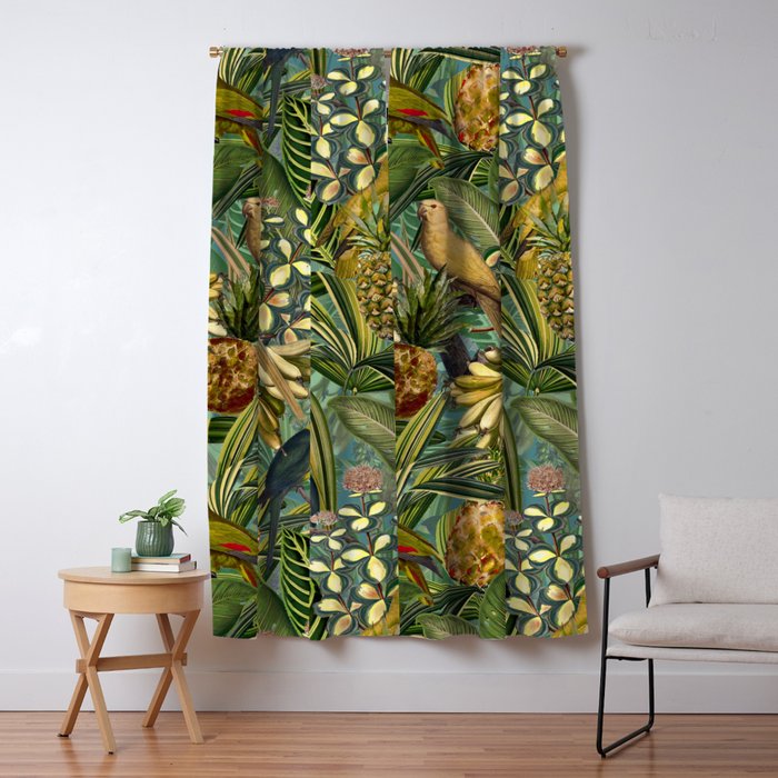 Vintage & Shabby Chic - Green Tropical Bird Flower Garden Window Curtain Gallery Image 1