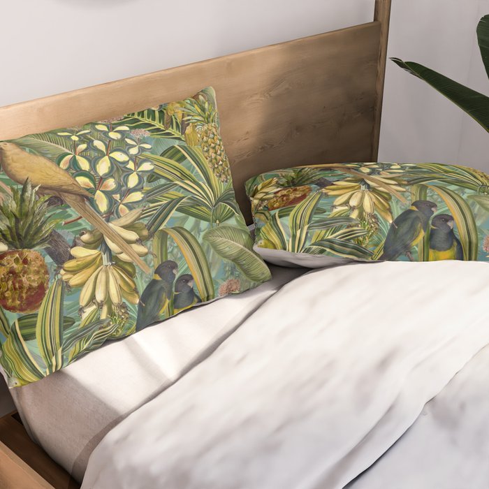 Vintage & Shabby Chic - Green Tropical Bird Flower Garden Pillow Sham Gallery Image 2