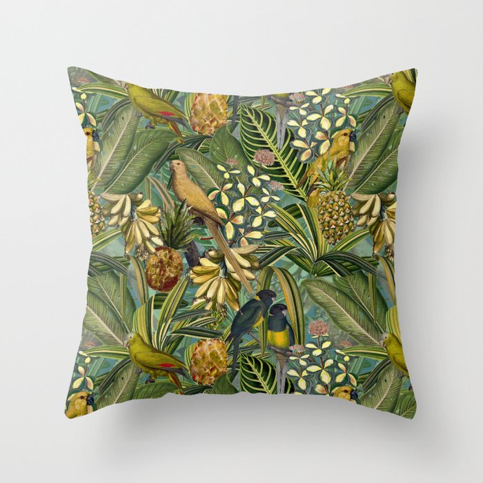 Vintage & Shabby Chic - Green Tropical Bird Flower Garden Throw Pillow Gallery Image 1