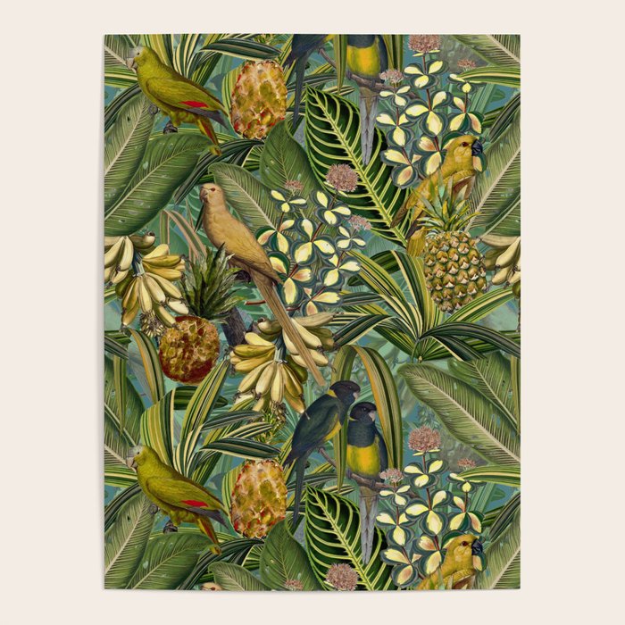Vintage & Shabby Chic - Green Tropical Bird Flower Garden Poster Gallery Image 1