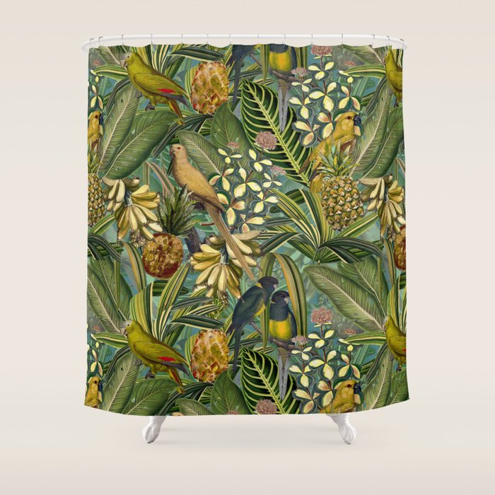 Vintage & Shabby Chic - Green Tropical Bird Flower Garden Shower Curtain Gallery Image 1