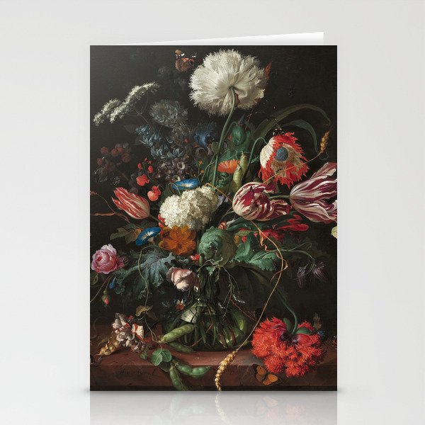 Still Life Parrot Tulips, Peonies, Hibiscus, Hydranga, Periwinkle Flowers in Vase by Jan de Heem Stationery Card Gallery Image 1
