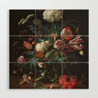 Still Life Parrot Tulips, Peonies, Hibiscus, Hydranga, Periwinkle Flowers in Vase by Jan de Heem Wood Wall Art Gallery Image 1