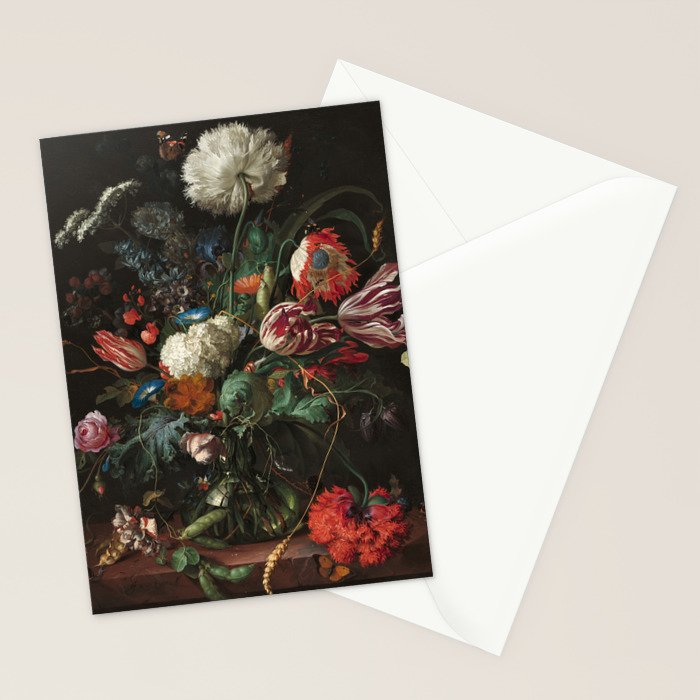 Still Life Parrot Tulips, Peonies, Hibiscus, Hydranga, Periwinkle Flowers in Vase by Jan de Heem Stationery Card Gallery Image 2