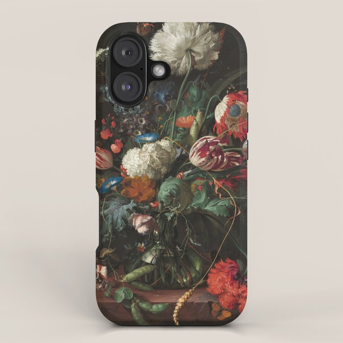 Still Life Parrot Tulips, Peonies, Hibiscus, Hydranga, Periwinkle Flowers in Vase by Jan de Heem iPhone Case Gallery Image 1