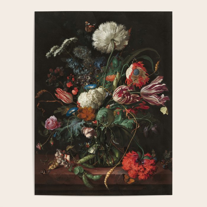 Still Life Parrot Tulips, Peonies, Hibiscus, Hydranga, Periwinkle Flowers in Vase by Jan de Heem Poster Gallery Image 1