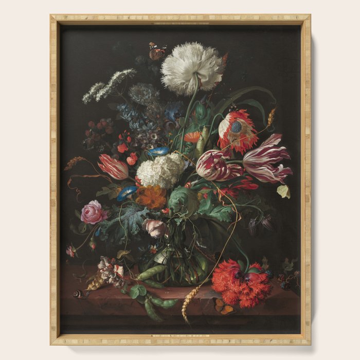Still Life Parrot Tulips, Peonies, Hibiscus, Hydranga, Periwinkle Flowers in Vase by Jan de Heem Serving Tray Gallery Image 1