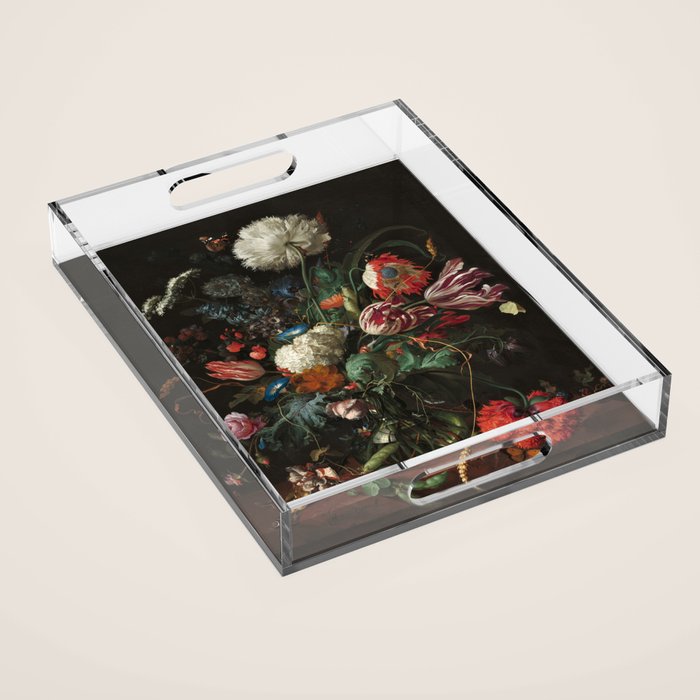 Still Life Parrot Tulips, Peonies, Hibiscus, Hydranga, Periwinkle Flowers in Vase by Jan de Heem Acrylic Tray Gallery Image 1