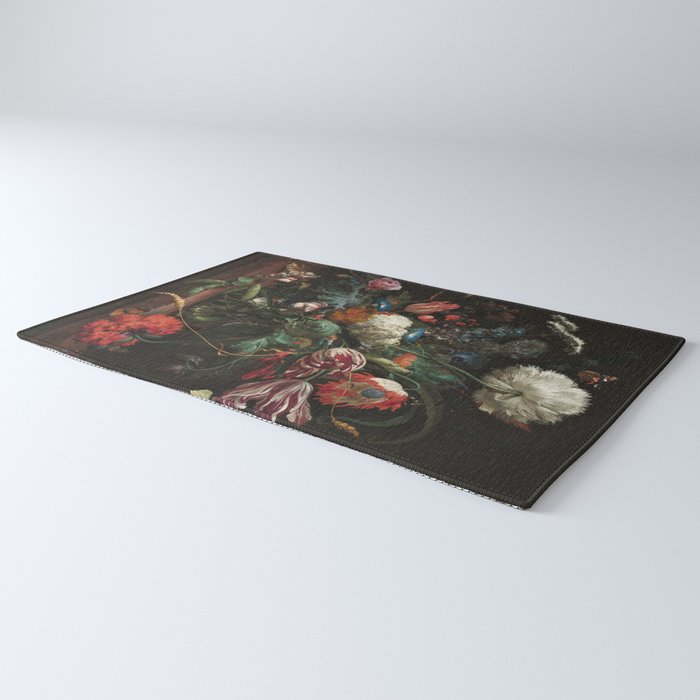 Still Life Parrot Tulips, Peonies, Hibiscus, Hydranga, Periwinkle Flowers in Vase by Jan de Heem Rug Gallery Image 3