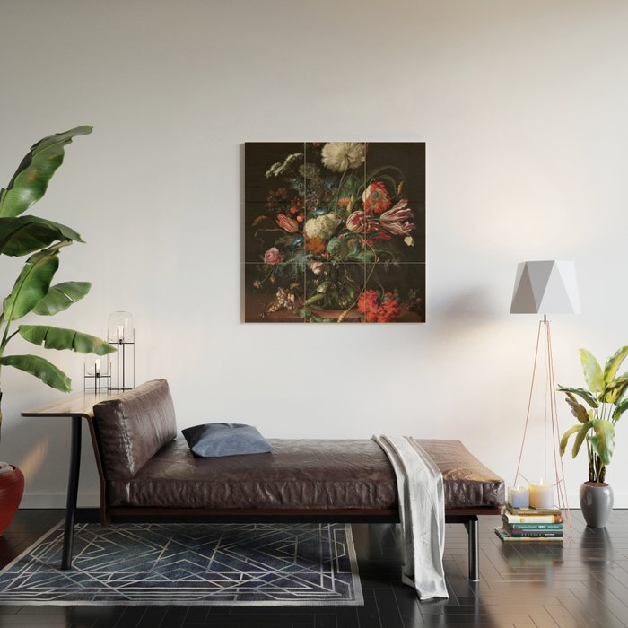 Still Life Parrot Tulips, Peonies, Hibiscus, Hydranga, Periwinkle Flowers in Vase by Jan de Heem Wood Wall Art Gallery Image 2
