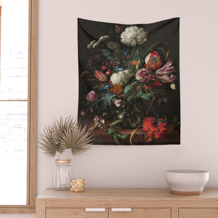 Still Life Parrot Tulips, Peonies, Hibiscus, Hydranga, Periwinkle Flowers in Vase by Jan de Heem Wall Tapestry Gallery Image 2