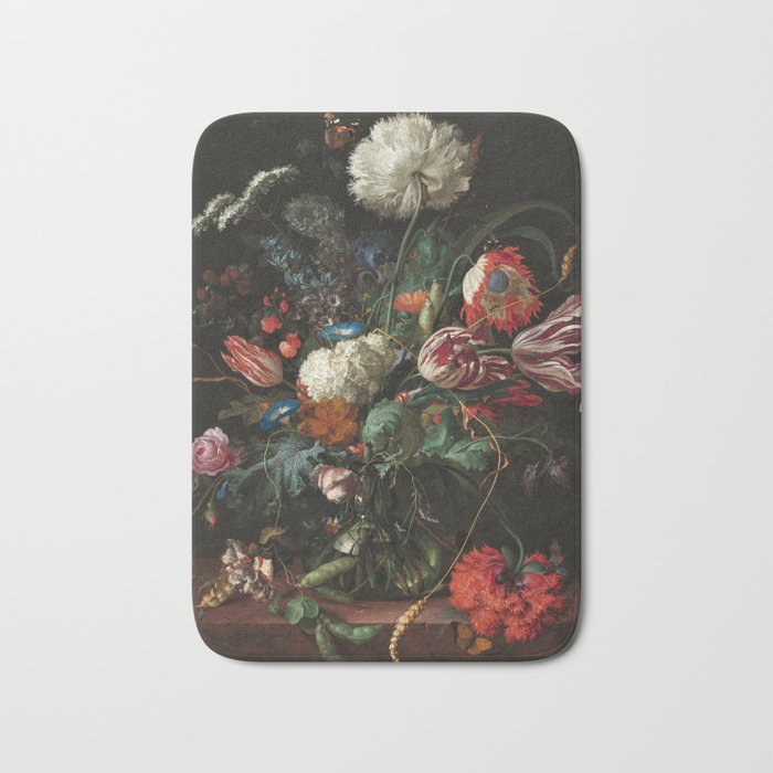 Still Life Parrot Tulips, Peonies, Hibiscus, Hydranga, Periwinkle Flowers in Vase by Jan de Heem Bath Mat Gallery Image 1