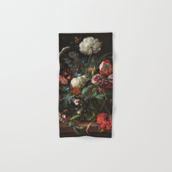 Still Life Parrot Tulips, Peonies, Hibiscus, Hydranga, Periwinkle Flowers in Vase by Jan de Heem Bath Towel Gallery Image 1