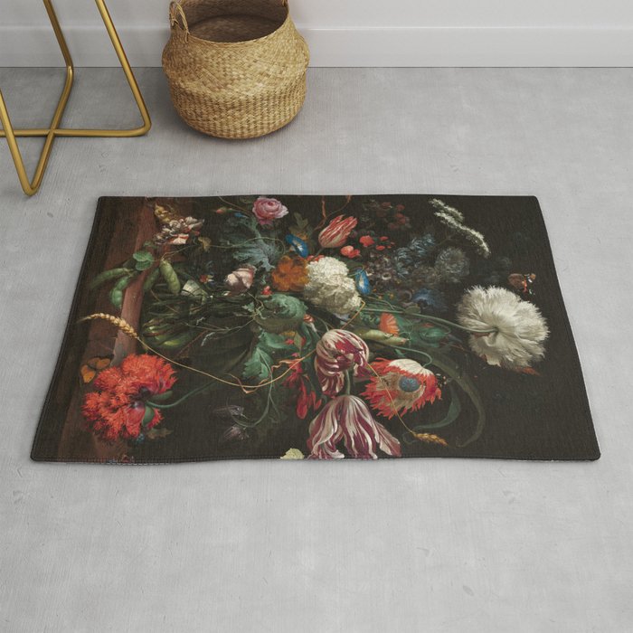 Still Life Parrot Tulips, Peonies, Hibiscus, Hydranga, Periwinkle Flowers in Vase by Jan de Heem Rug Gallery Image 1