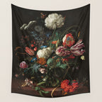 Still Life Parrot Tulips, Peonies, Hibiscus, Hydranga, Periwinkle Flowers in Vase by Jan de Heem Wall Tapestry Gallery Image 4