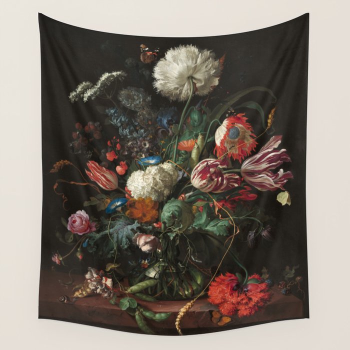 Still Life Parrot Tulips, Peonies, Hibiscus, Hydranga, Periwinkle Flowers in Vase by Jan de Heem Wall Tapestry Gallery Image 4