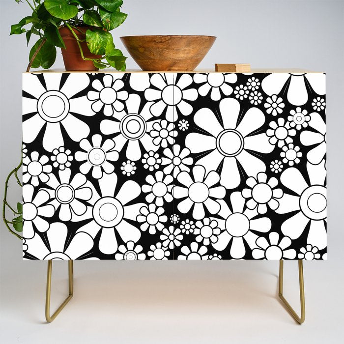 Black and White Retro Garden 60s 70s Flower Pattern Credenza Gallery Image 1
