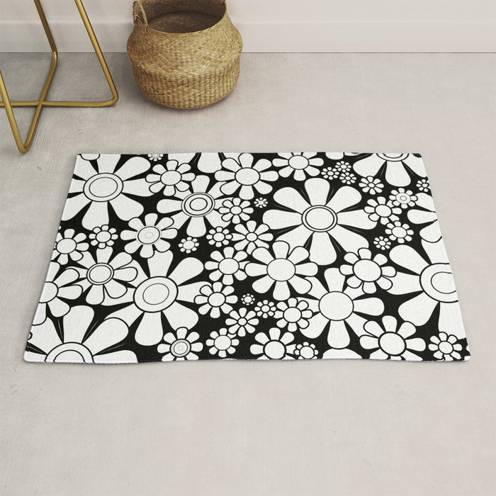 Black and White Retro Garden 60s 70s Flower Pattern Rug Gallery Image 1