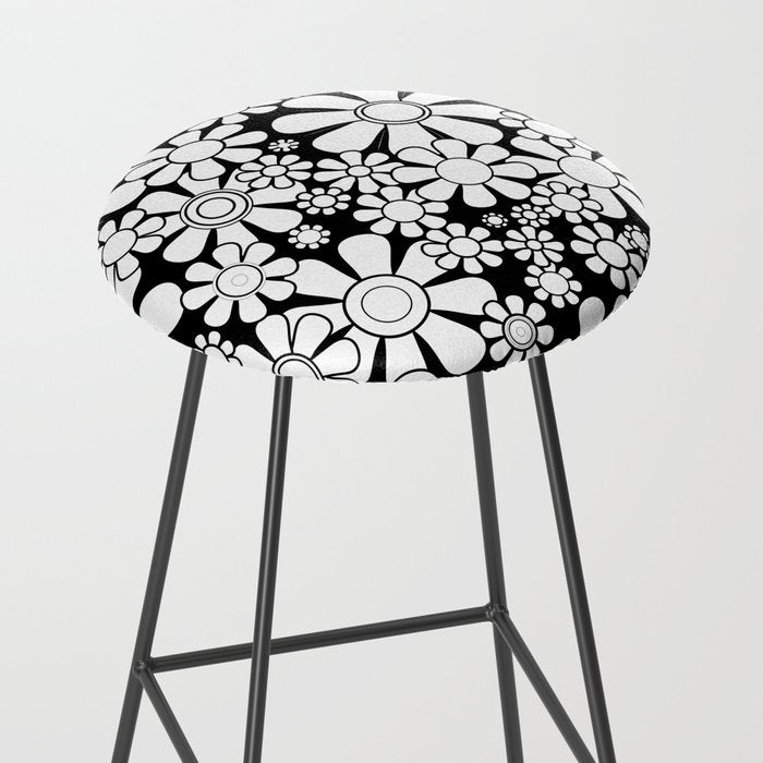Black and White Retro Garden 60s 70s Flower Pattern Stool Gallery Image 2
